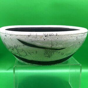 Handmade Raku Pottery Bowl Black White Crackle Glaze Modern Studio Art Planter